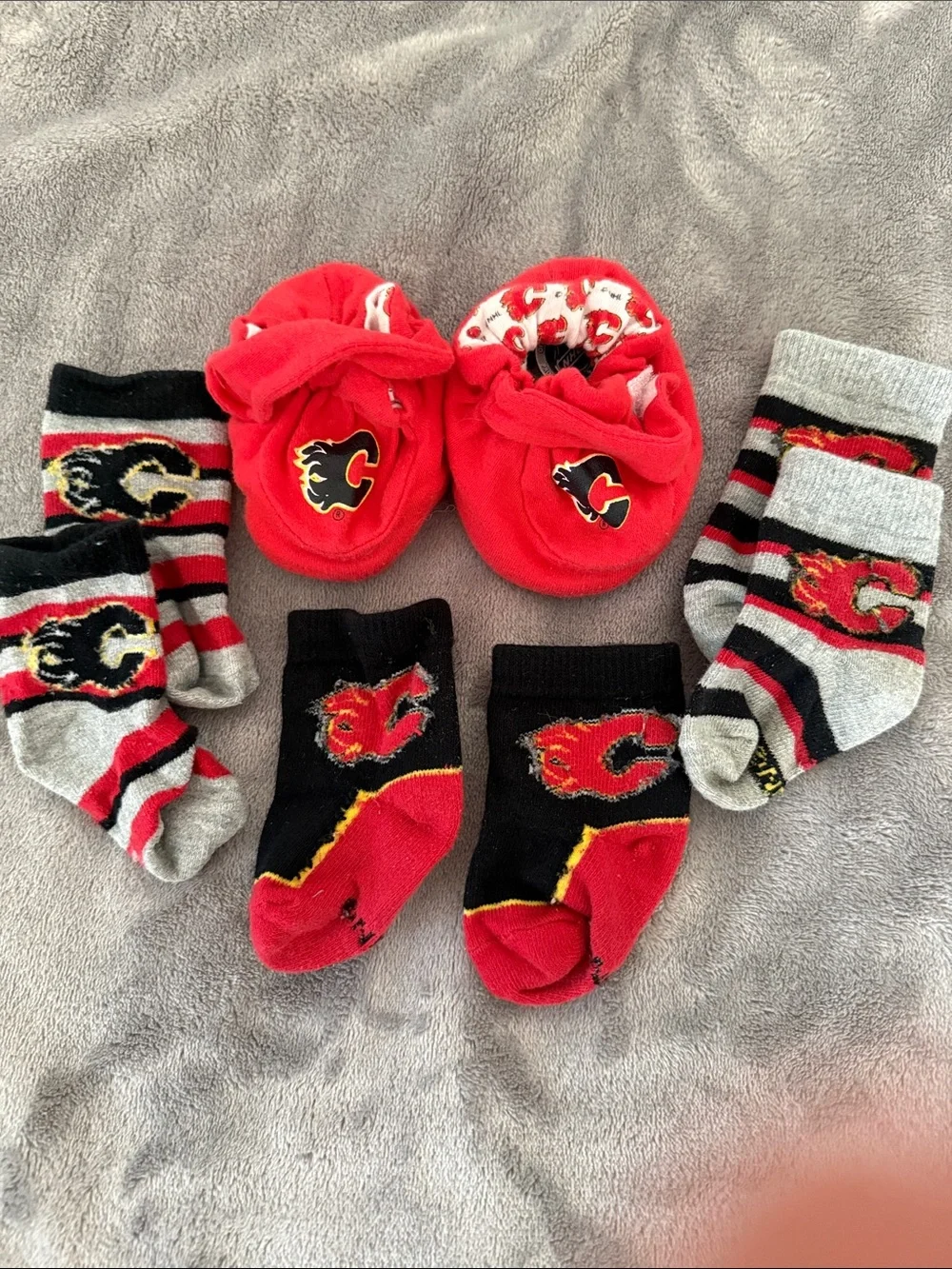 NHL Calgary Flames Baby Infant Walker Slipper Booties and 3 pairs socks bundle